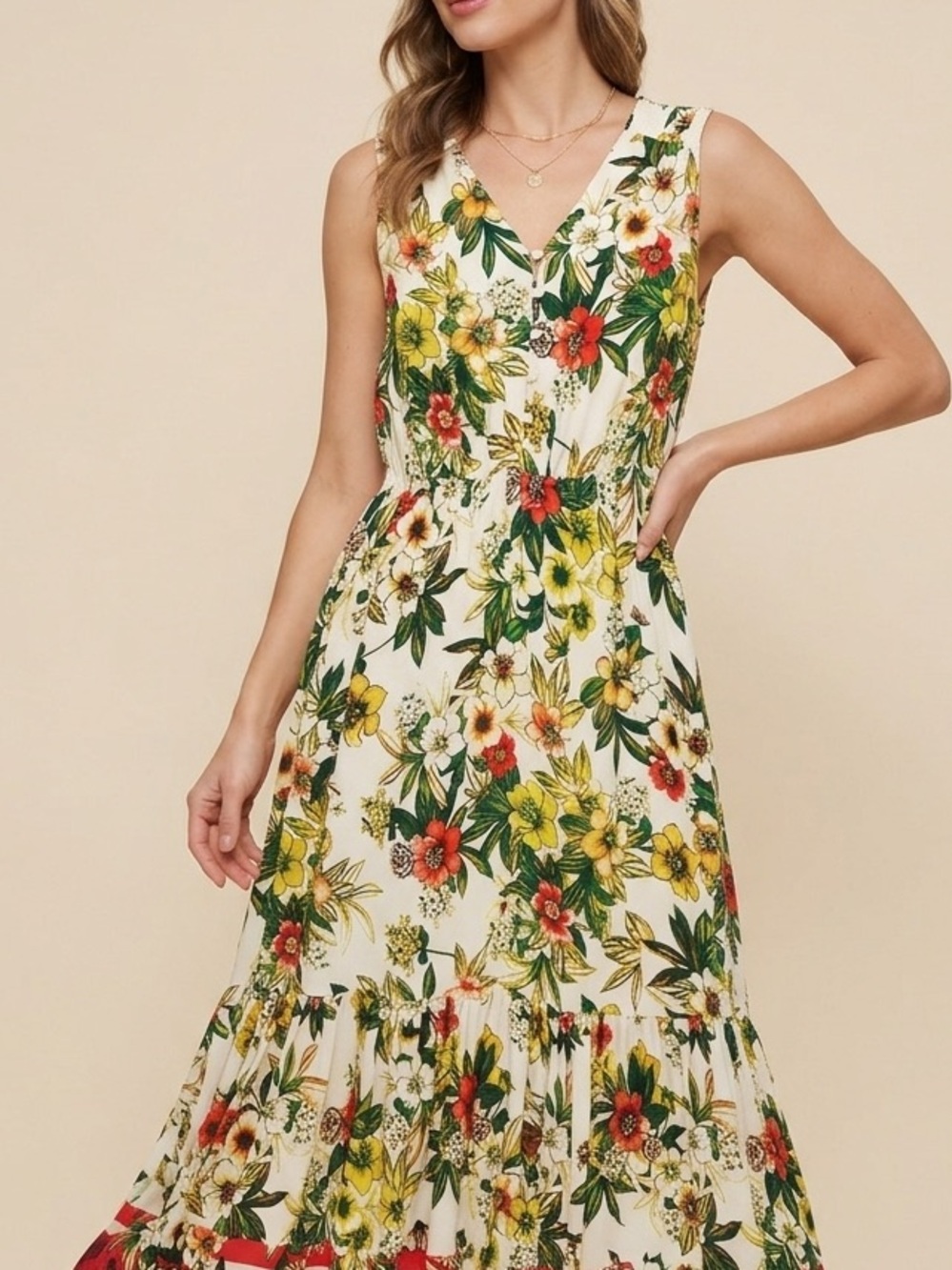 ECI New York Tropical Island Floral Sleeveless Maxi Dress Boho Ruffle Hem Size S - Picture 5 of 11